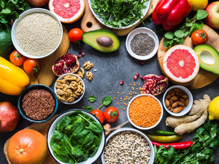 Fresh raw ingredients for healthy cooking. Vegetables, fruit, seeds, cereals, beans, spices, superfoods, herbs. Top view. Diet or vegetarian food concept. Copy space