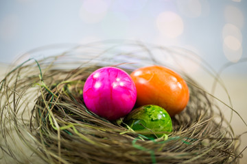 easter nest with colorful eggs, traditional, bouquet