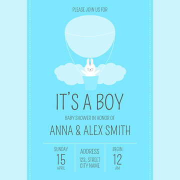 Cute baby shower boy invite card vector template. Cartoon animal illustration. Blue design with little bunny, clouds and air balloon. Kids newborn poster or birthday party invitation background.