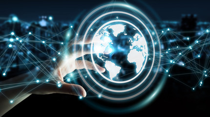 Businesswoman using planet earth network sphere 3D rendering