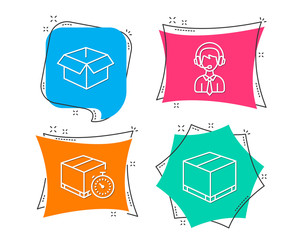 Set of Delivery timer, Shipping support and Opened box icons. Delivery box sign. Express logistics, Shipping parcel, Cargo package.  Flat geometric colored tags. Vivid banners. Trendy graphic design