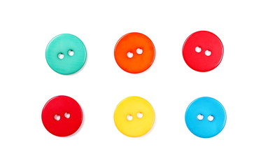 Colorful sewing buttons isolated on white background, top view