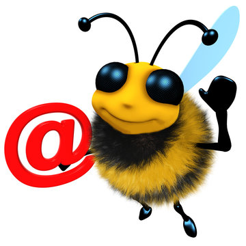 3d Funny cartoon honey bee character holding an email address symbol