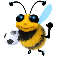 3d Funny cartoon honey bee character holding a soccer football