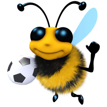 3d Funny cartoon honey bee character holding a soccer football