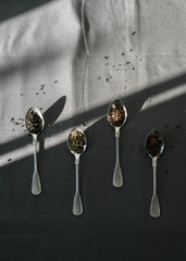 Silver spoons with herbs and tea leaves