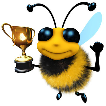 3d Funny cartoon honey bee character holding a gold cup trophy