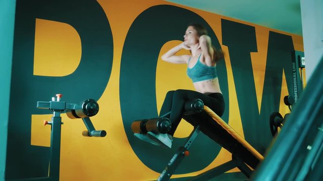 Gym woman strength training lifting dumbbell weights getting ready for exercise workout. Female fitness girl exercising indoor in fitness center