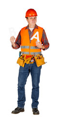 Full length portrait of a male builder in a helmet over white wall background. repair, construction, building, people and maintenance concept.