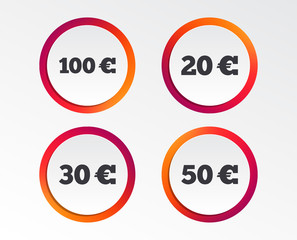 Money in Euro icons. 100, 20, 30 and 50 EUR symbols. Money signs Infographic design buttons. Circle templates. Vector
