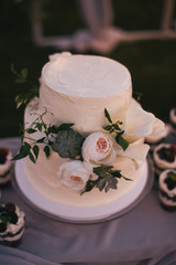 Obraz na płótnie Canvas gourmet wedding cake and delicious fruity desserts in glasses