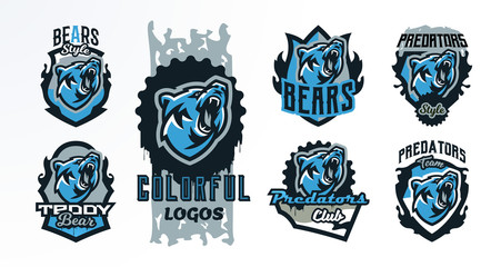 A collection of colorful emblems, badges, logos of a roaring bear. Dangerous predator, an animal of the forest, printing on T-shirts. Shield, lettering, vector illustration
