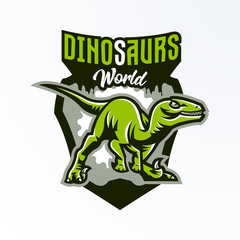 Emblem, badge, sticker, dinosaur logo on the hunt. Predator Jurassic, a dangerous beast, an extinct animal, a mascot. Lettering, shield, print. Vector illustration