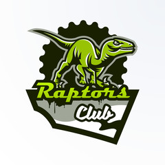 Emblem, badge, sticker, dinosaur logo on the hunt. Predator Jurassic, a dangerous beast, an extinct animal, a mascot. Lettering, shield, print. Vector illustration