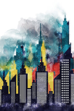 American City Buildings And Skyscrapers Watercolor Illustration