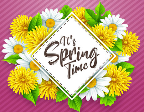 It's spring time banner with triangle frame and flowers on striped pink background