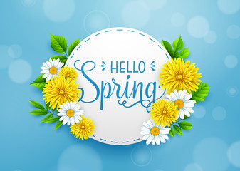 Naklejka premium Hello Spring background with wreath, and frame round paper 
