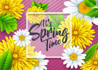 It's spring time banner with square frame, and flower on striped purple background