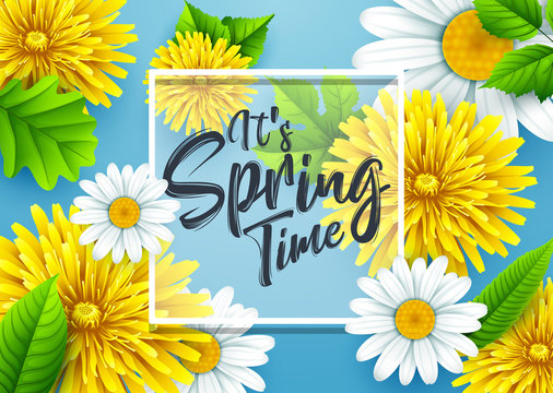 It's spring time banner with square frame and flower on blue background