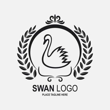 Swan icon design template. Black swan and laurel wreath in round frame