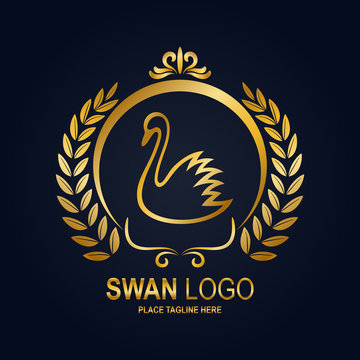 Swan icon design template. Golden swan and laurel wreath in round frame