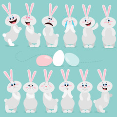 Easter rabbits with different emotions. Isolated vector objects.