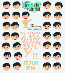 Asian boy in a swimsuit. Twenty eight expressions and basics body elements, template for design work and animation. Vector illustration to Isolated and funny cartoon character.
