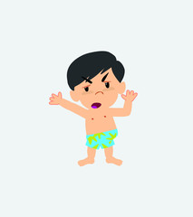 Asian boy in a swimsuit argues something with a gesture of discontent.