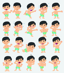 Cartoon character asian boy in a swimsuit. Set with different postures, attitudes and poses, doing different activities in isolated vector illustrations.