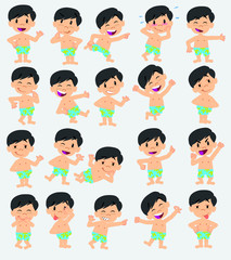 Cartoon character boy in a swimsuit. Set with different postures, attitudes and poses, always in positive attitude, doing different activities in vector vector illustrations.