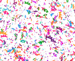 Carnaval or Festival Confetti. Colorful confetti pieces. Celebration party or Holiday background. Flying colorful glitter particles. Decoration pattern. Vector