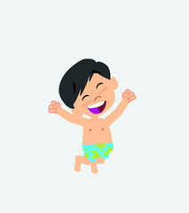 Asian boy in a swimsuit jumping for joy.
