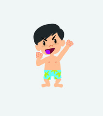 Asian boy in a swimsuit cheering enthusiastically.