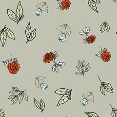 Seamless floral pattern, peony flowers and leafs on a gray background, vector