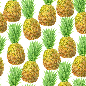 Pineapples painted with watercolors,  seamless pattern for design.