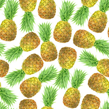 Pineapples painted with watercolors,  seamless pattern for design.