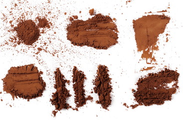 Cocoa powder pile isolated on white background, top view