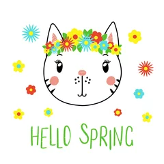 Tuinposter Hand drawn vector portrait of a cute funny cat with flowers, text Hello Spring. Isolated objects on white background. Vector illustration. Design concept for children. © Maria Skrigan