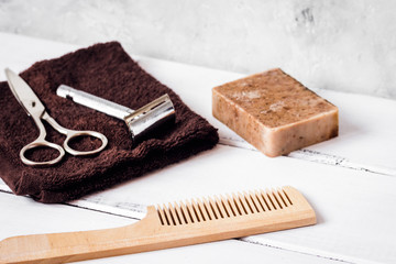 Mens hairdressing wooden desktop with tools