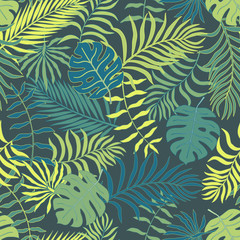 Tropical background with palm leaves. Seamless floral pattern. Summer vector illustration