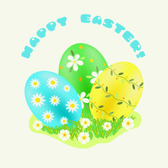 Easter green; turquoise; yellow painted eggs in green grass