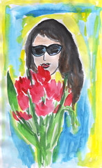 Portrait of young woman with tulip flowers, watercolor hand painted illustration.