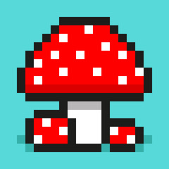 Pixel art, digital mushroom, big and small red amanita, flat web icon, vector design retro object