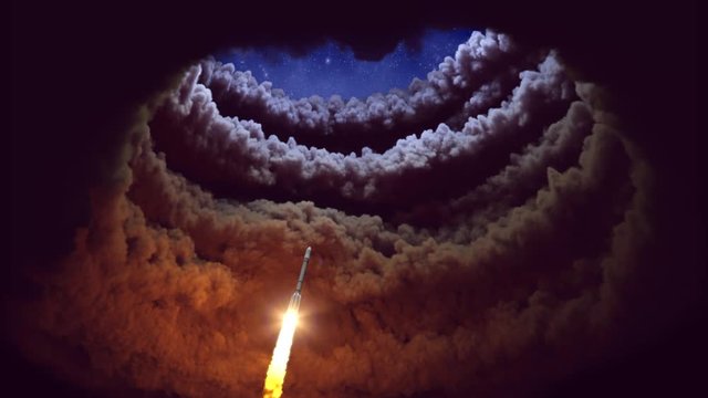 the rocket flies through the clouds into space