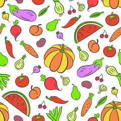 Vegetables and fruits. Seamless pattern in doodle and cartoon style. Colorful. Vector. EPS 10