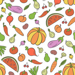 Vegetables and fruits. Seamless pattern in doodle and cartoon style. Colorful. 