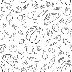 Fototapeta na wymiar Vegetables and fruits. Seamless pattern in doodle and cartoon style. Outline. 