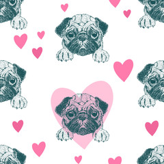 Seamless pattern with pretty pug puppy. - 195139161