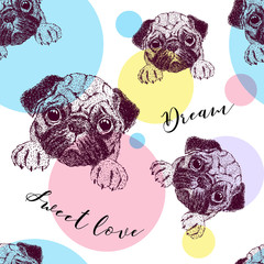 Seamless pattern with pretty pug puppy. - 195139377