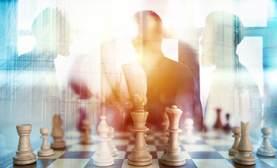 Business tactic with chess game and businessmen that work together in office. Concept of teamwork, partnership and strategy. double exposure - obrazy, fototapety, plakaty